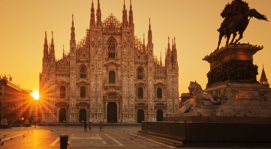 View of Duomo at sunrise, Milan, Europe.